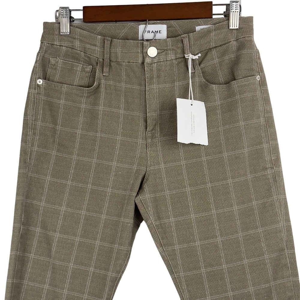 FRAME Le Crop Mini Boot Plaid Windowpane Cropped Pants Tan White Mid Rise 29 - Picture 7 of 16